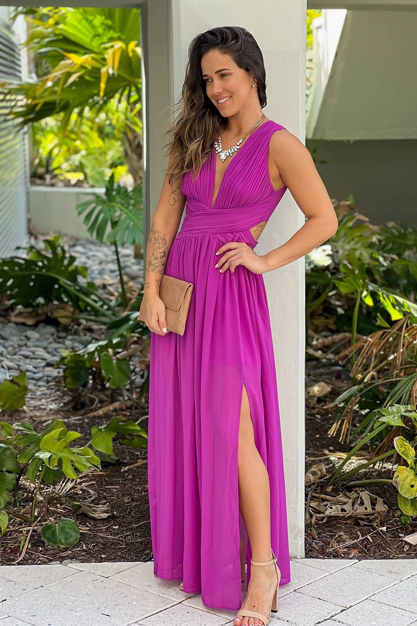 Orchid V Neck Maxi Dress With Slit And Pleated Top Detail