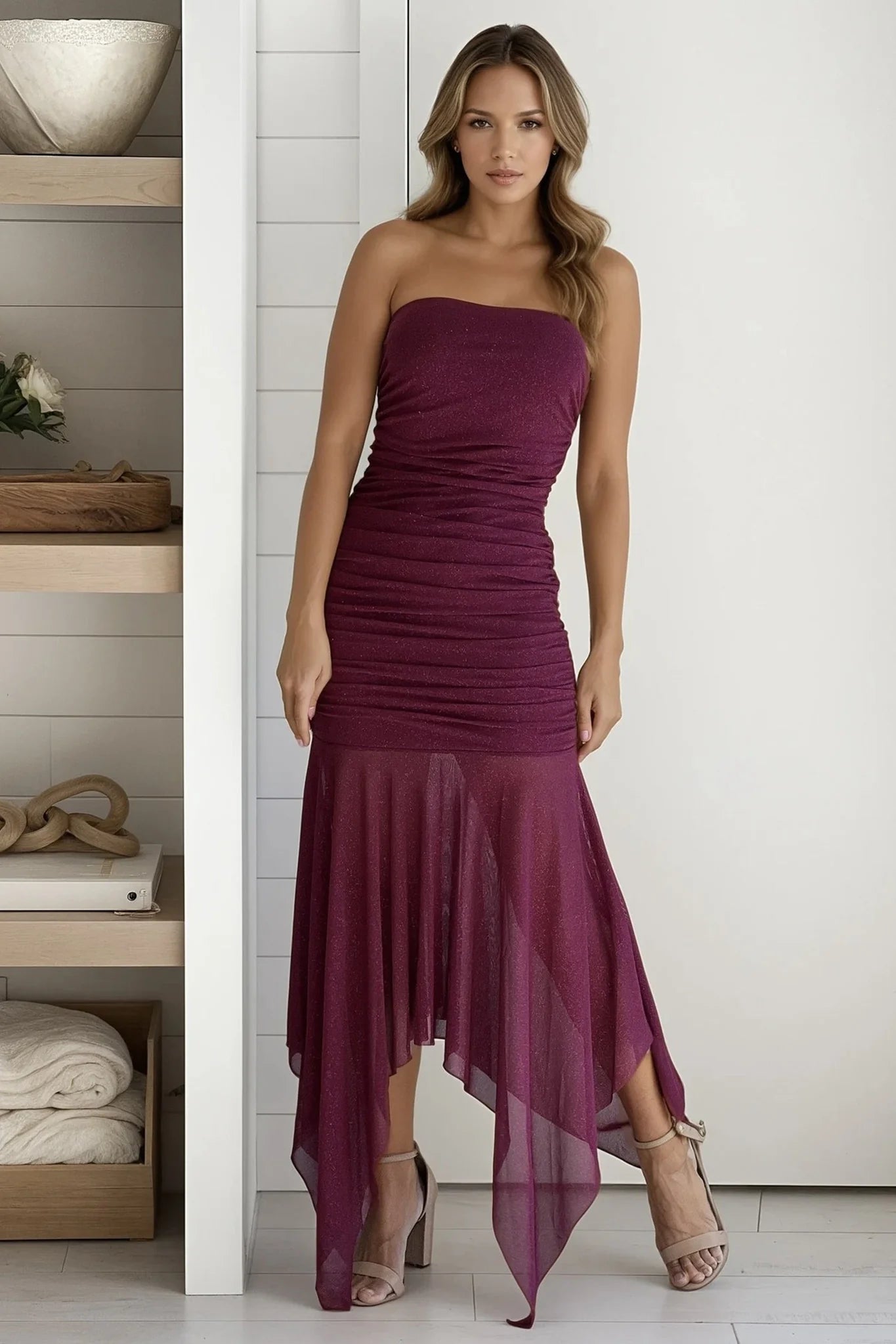 Magenta Glitter Strapless Dress