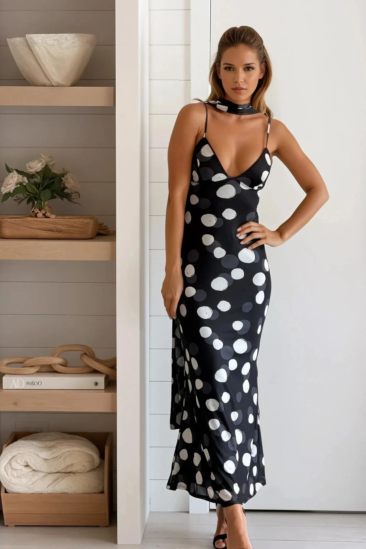 Black Polka Dot Scarf Mermaid Dress