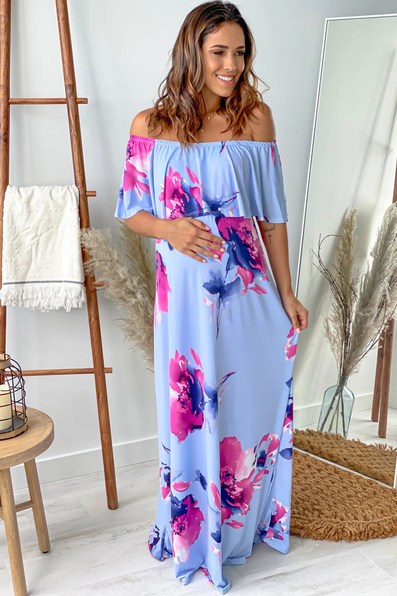 Chambray Floral Off Shoulder Maternity Maxi Dress