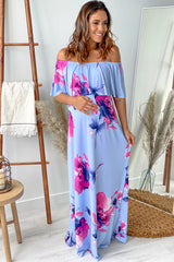 Chambray Floral Off Shoulder Maternity Maxi Dress