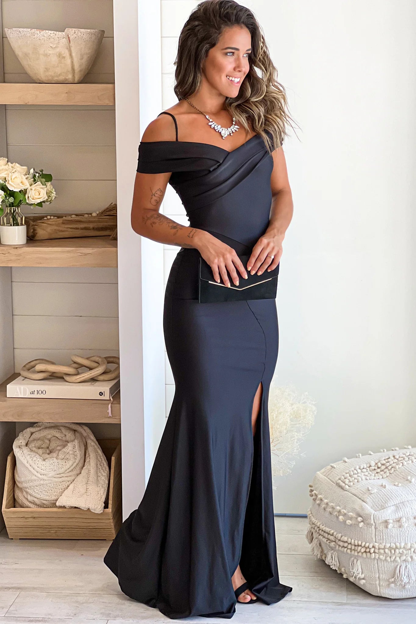 Black Off Shoulder Maxi Dress With Front Slit