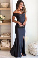 Black Off Shoulder Maxi Dress With Front Slit