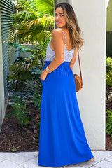 Royal Blue Striped Maxi Dress with Paper Bag Waistline