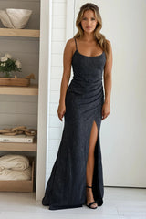 Black Glitter Maxi Dress With Slit And Strappy Back
