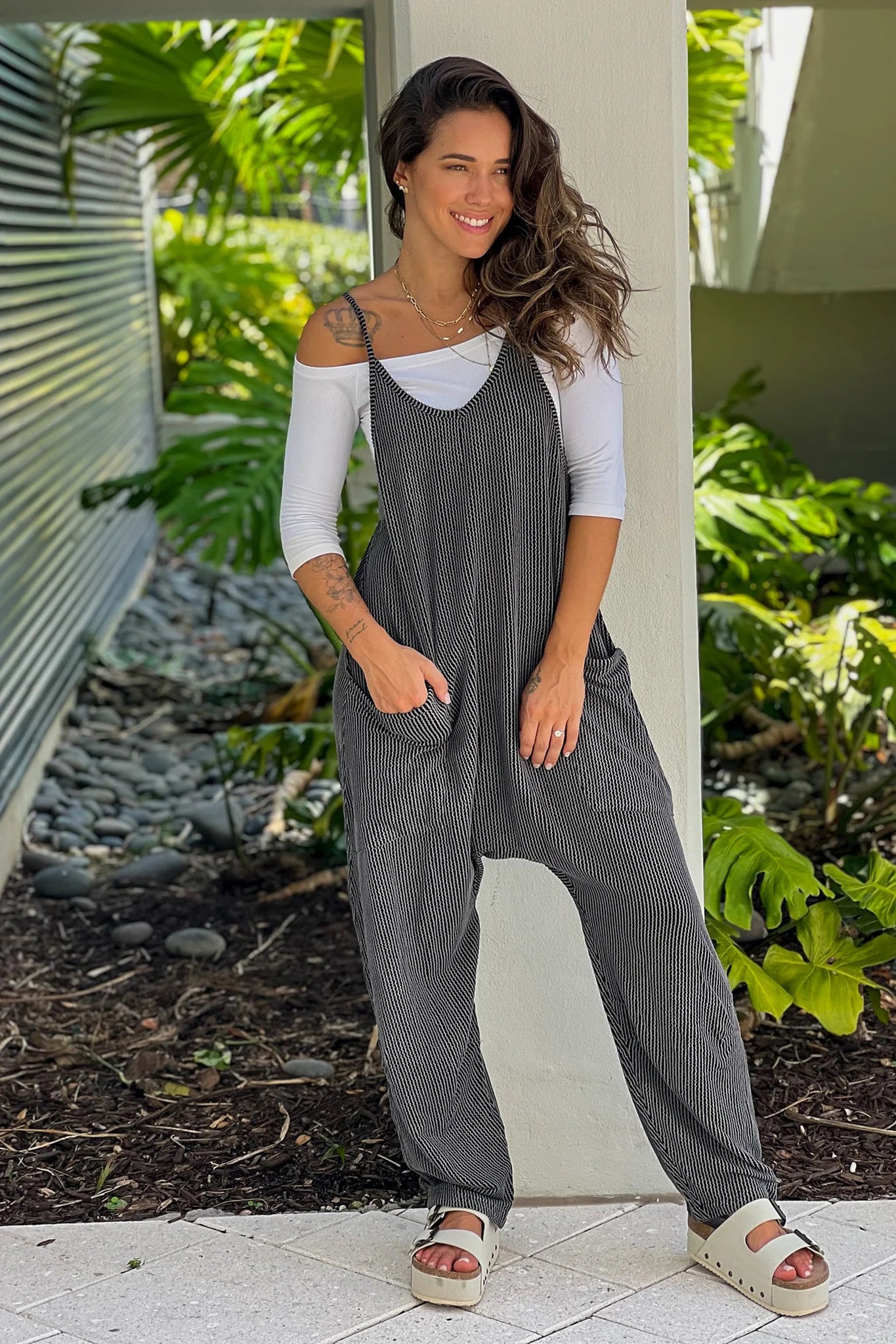 Charcoal Black Ribbed Jumpsuit With Pockets