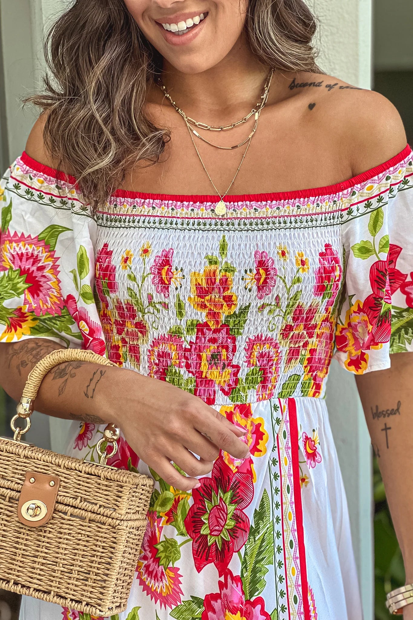 Ivory Floral Off Shoulder High Low Dress