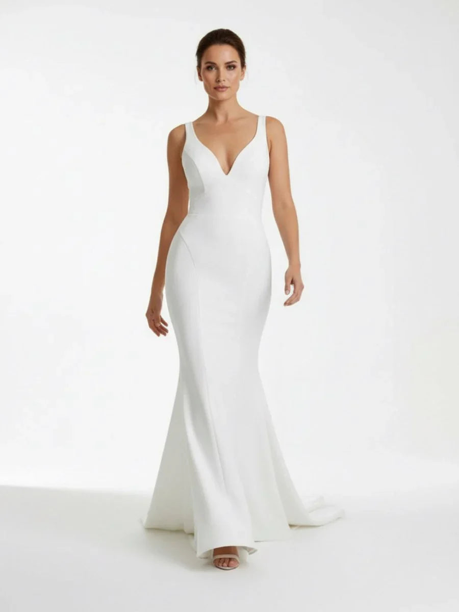 Ivory Plunge V Open Back Mermaid Long Wedding Dress