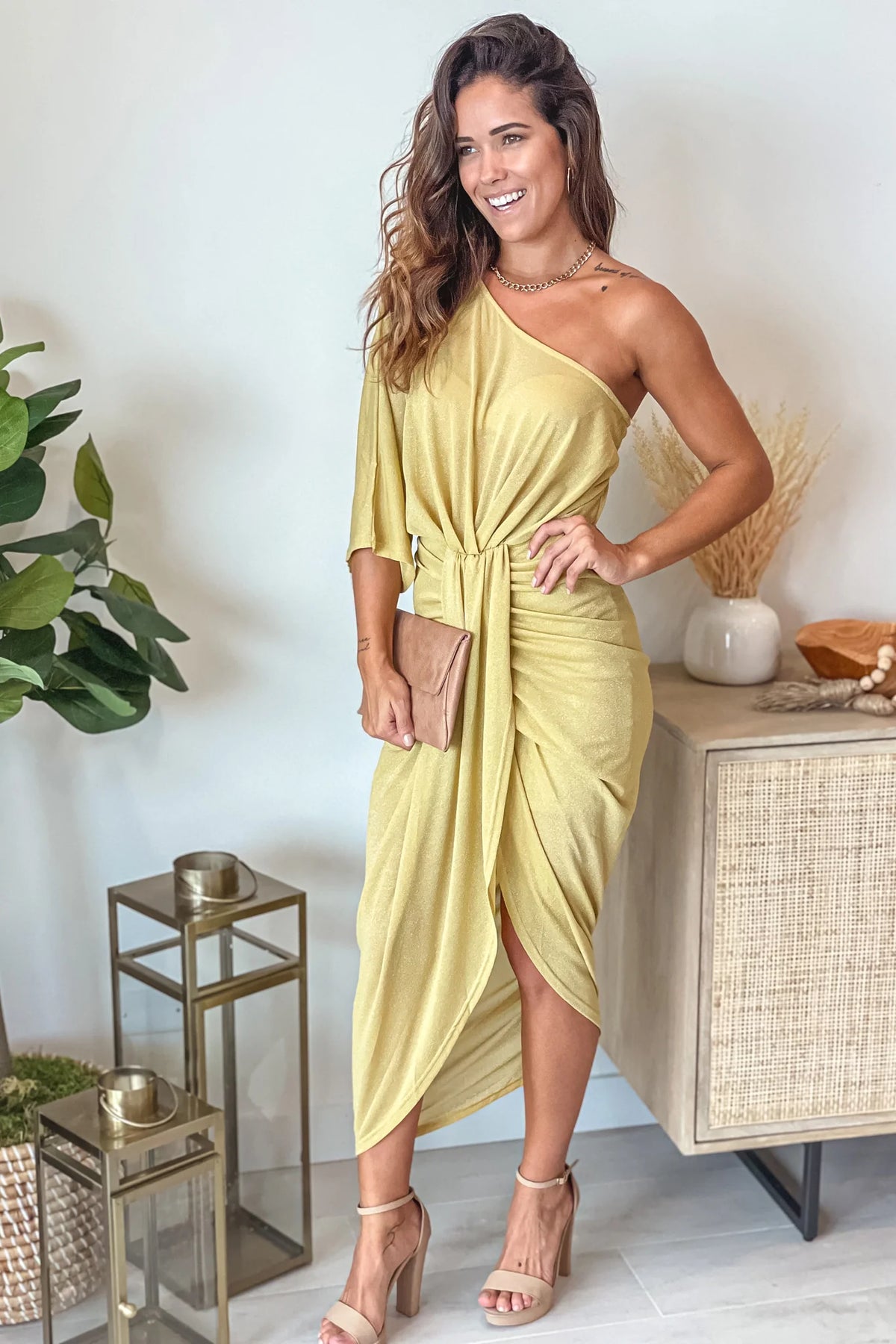 Champagne Gold Shimmer One Shoulder Ruched Dress