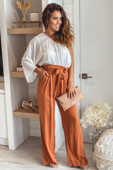 White And Camel One Shoulder Jumpsuit With Pockets
