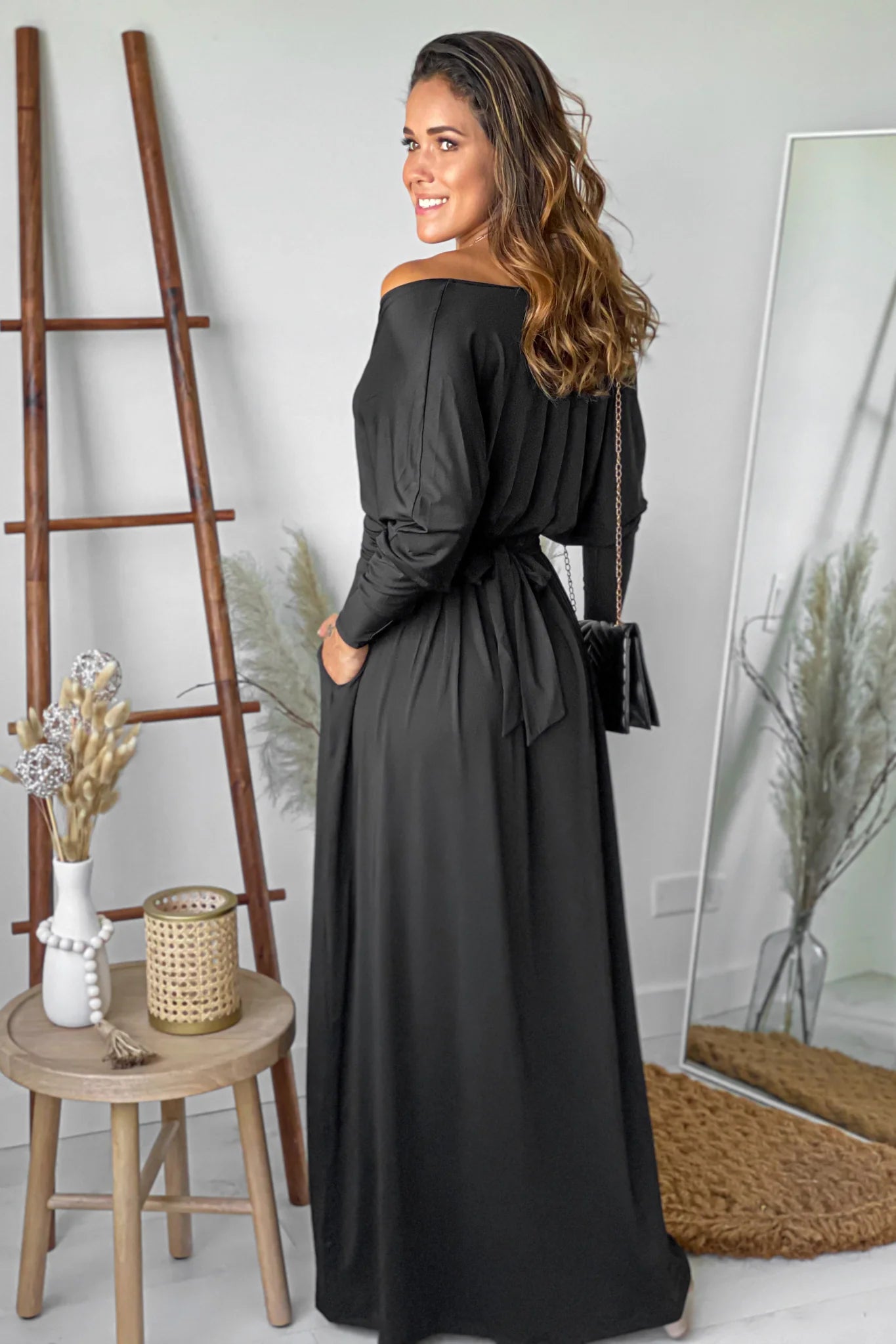 Black Maxi Dress With Dolman Sleeves And Pockets