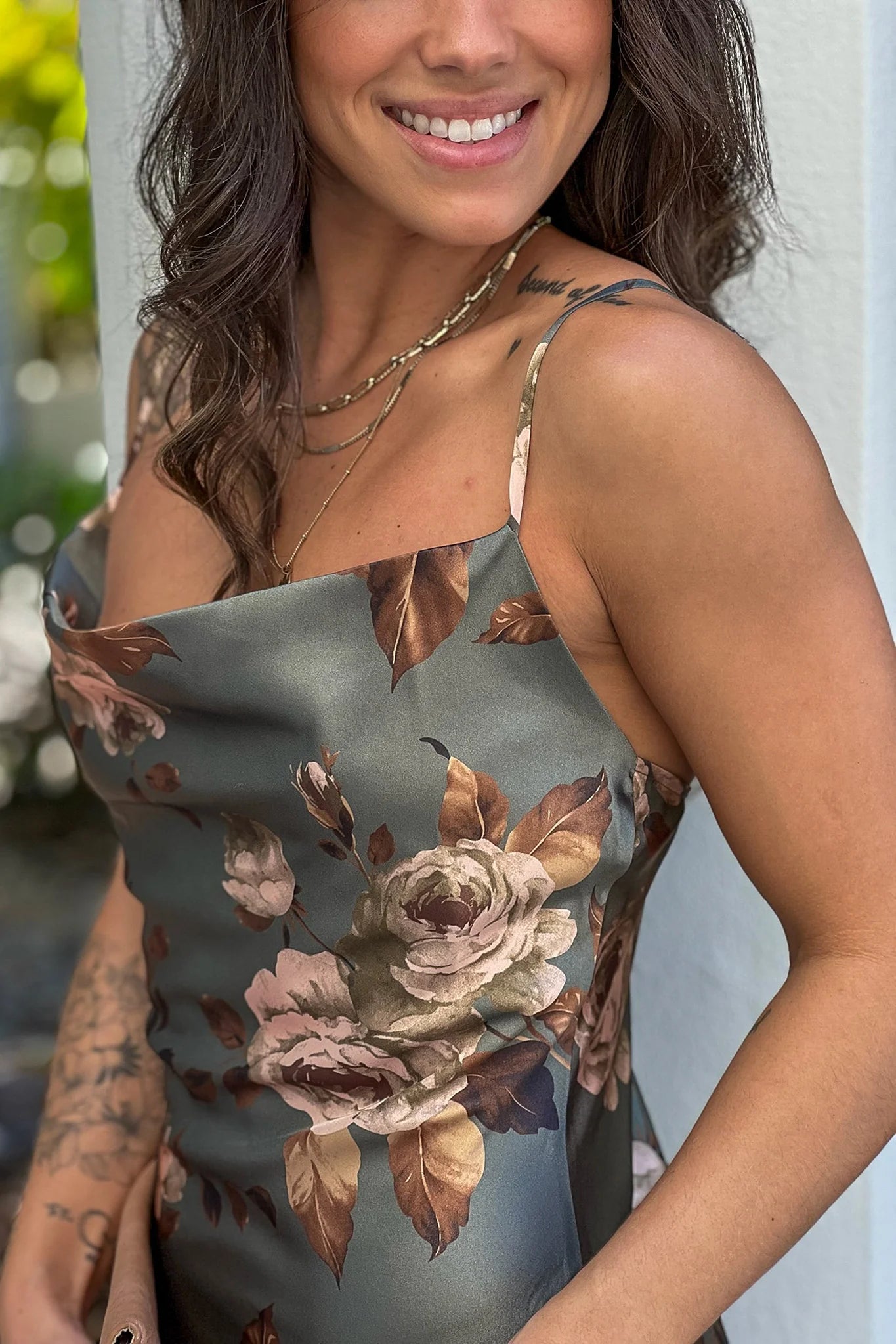 Olive Floral Cowl Neck Midi Dress