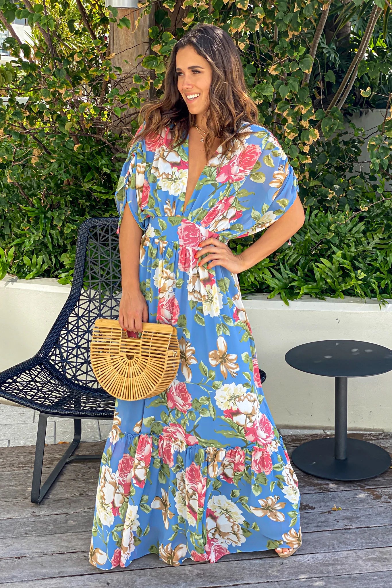 Blue Floral Dolman Sleeves Maxi Dress