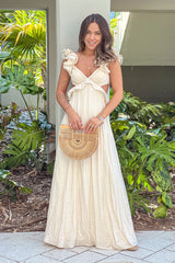 Cream Ruffle Maxi Dress With Cut Out