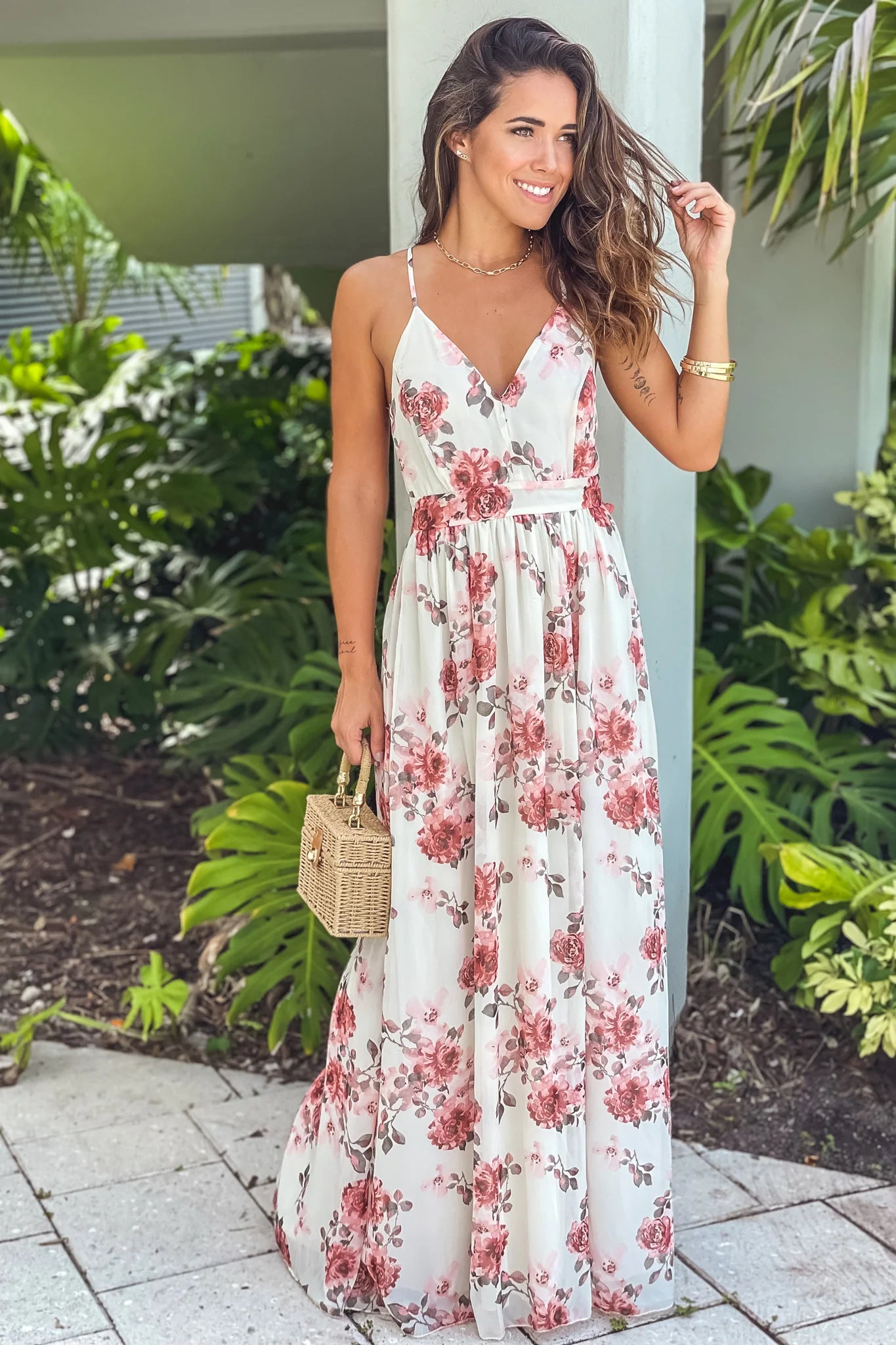Cream And Peach Floral Maxi Dress With Lace Back