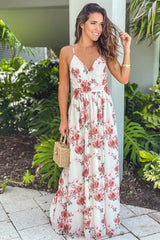 Cream And Peach Floral Maxi Dress With Lace Back