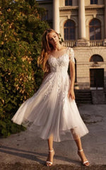 Tea Length Sleeves Ethereal Modern A Line V Neck Button Back Wedding Dress