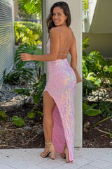 Pink Sequined Maxi Dress With Side Slit