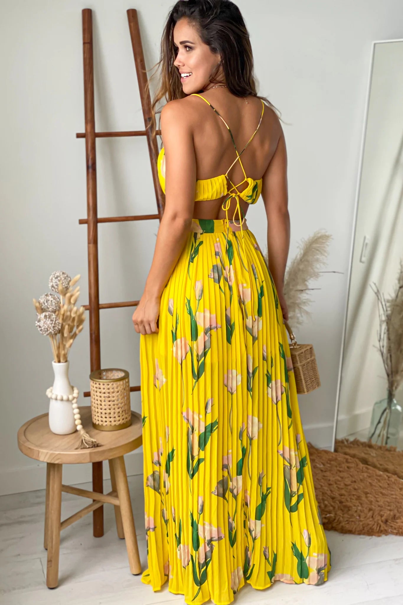 Yellow Floral Pleated Maxi Dress