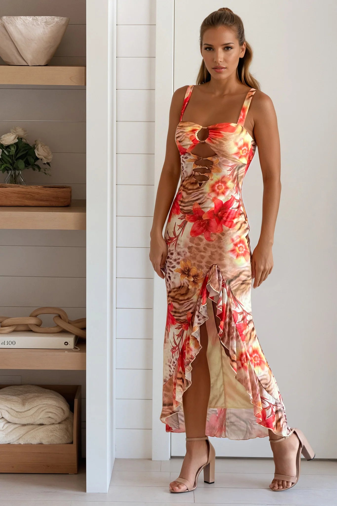 Yellow Leopard And Floral Cut Out Ruffled Slit Dress