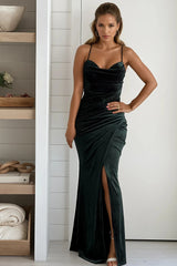 Hunter Green Velvet Pleated Wrap Maxi Dress