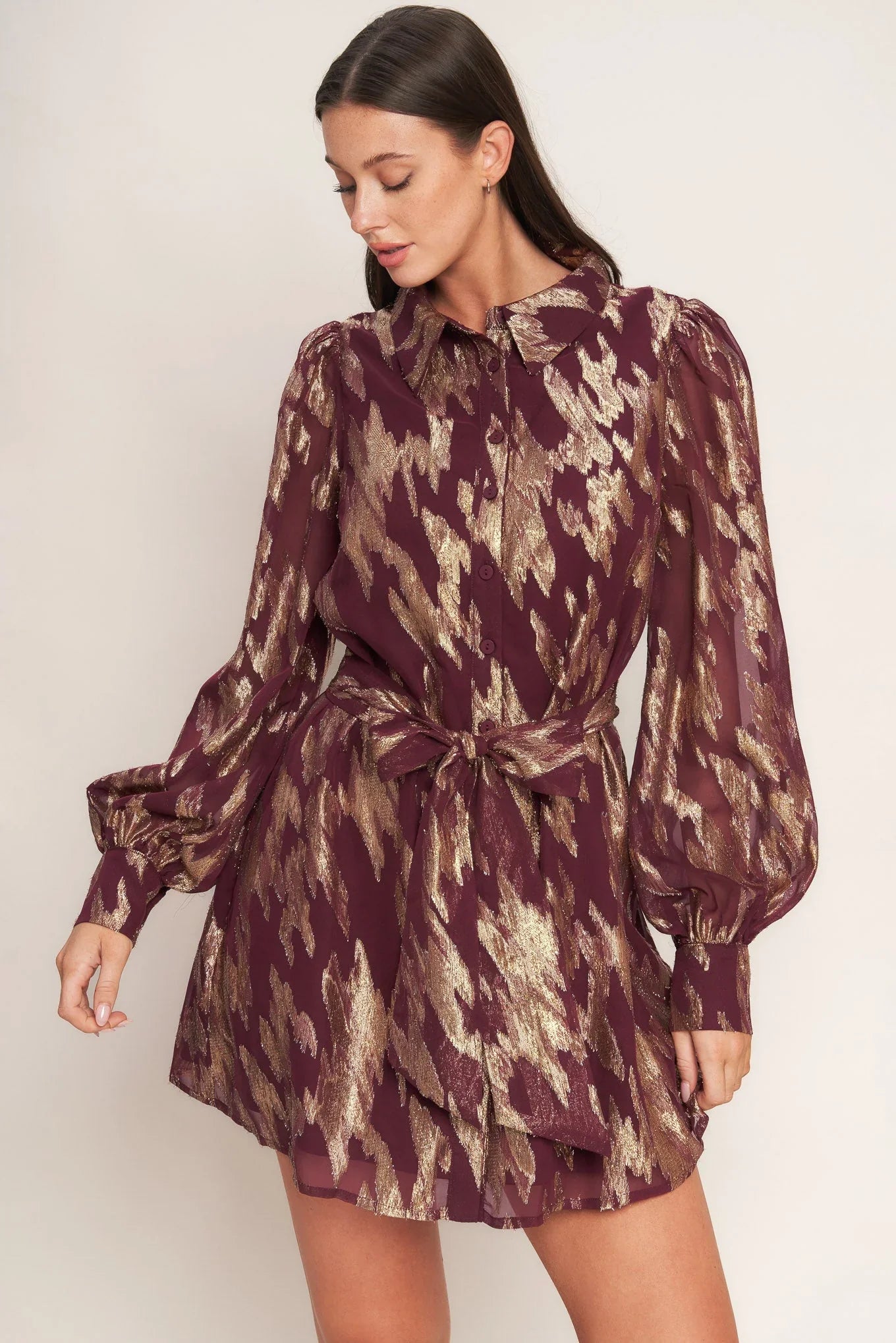 METALLIC MUSE BURGUNDY LONG SLEEVE MINI DRESS FINAL SALE