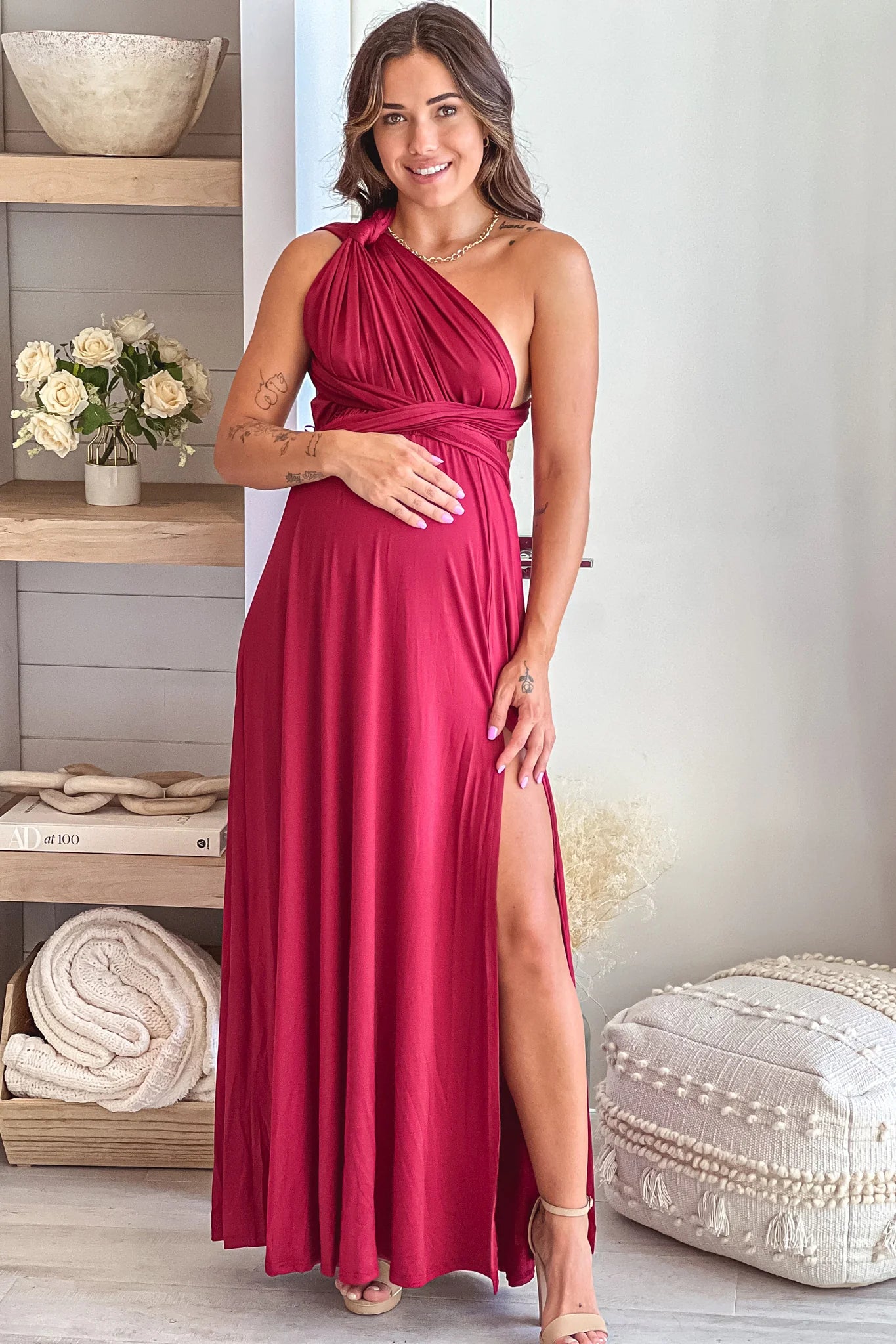 Burgundy Multi Tie Maternity Maxi Dress