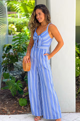 Light Blue Striped Jumpsuit With Tie Front