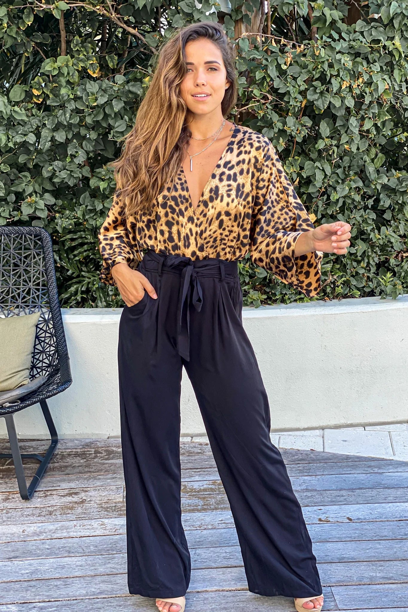 Black And Leopard Woven Jumpsuit With Pockets