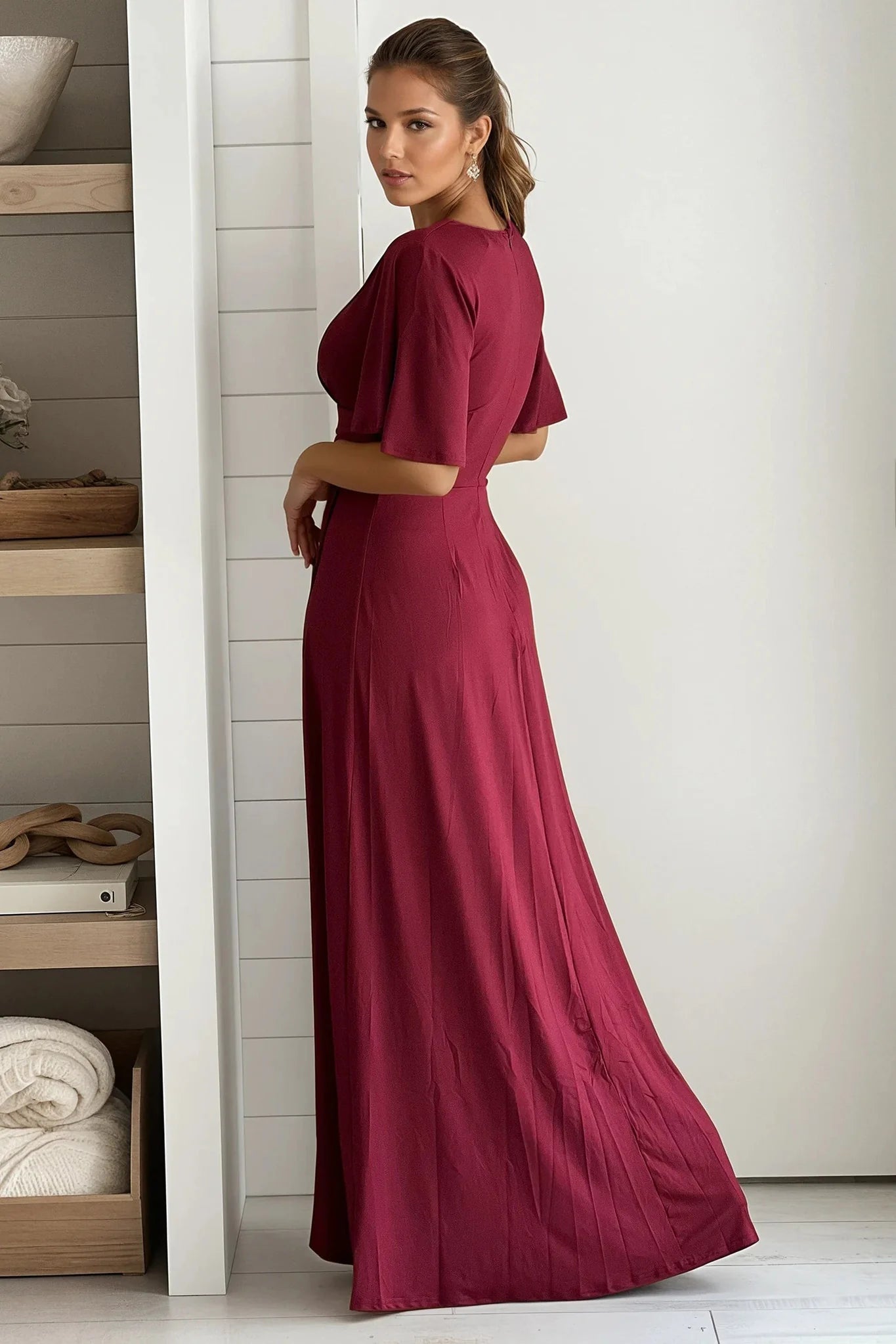 Burgundy High Low Twist Dress With Short Sleeves