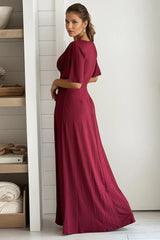 Burgundy High Low Twist Dress With Short Sleeves