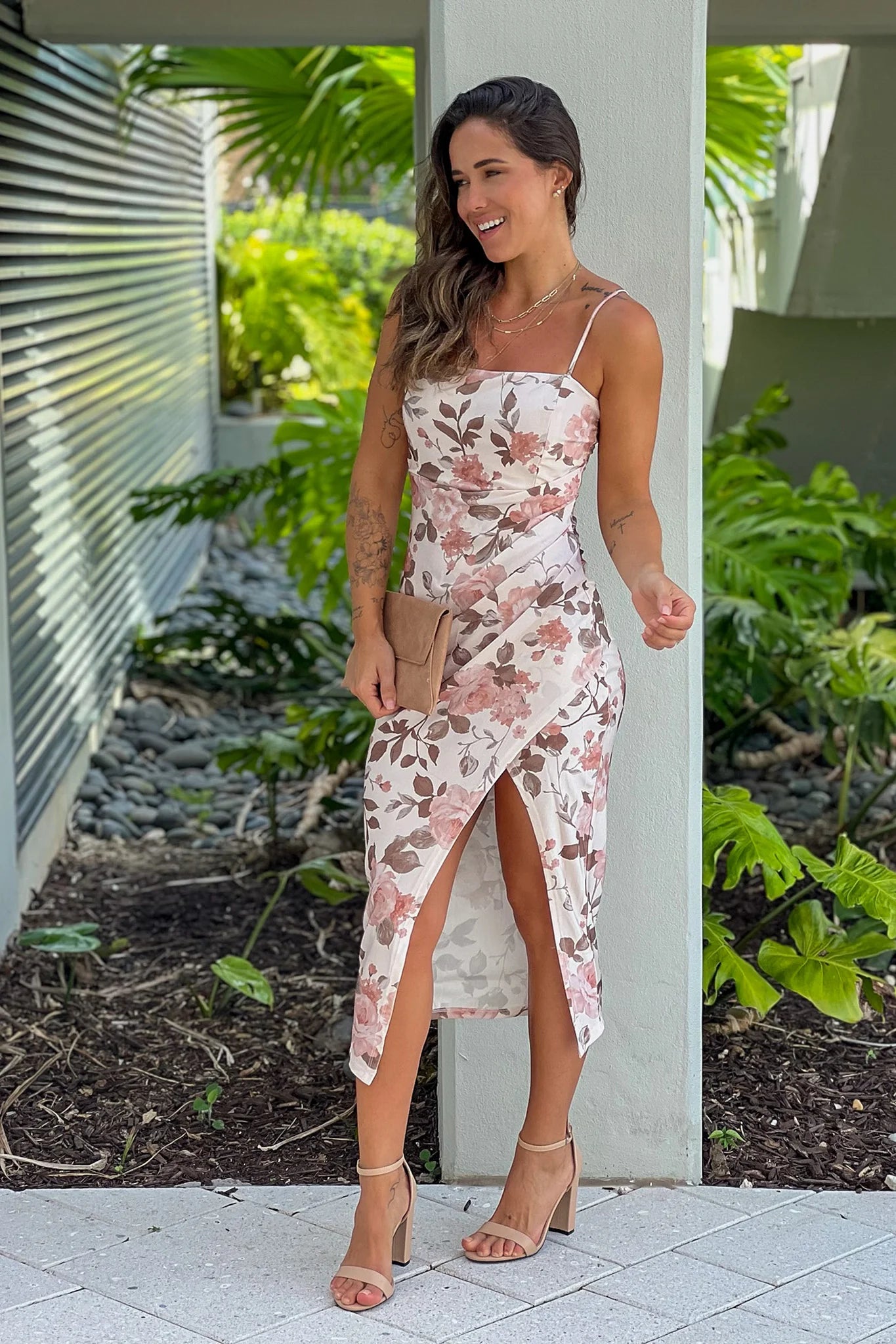 Taupe Satin Floral Midi Dress