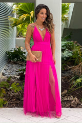 Fuchsia Tulle V Neck Maxi Dress With Slits