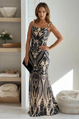 Black And Nude Square Neck Sequined Maxi Dress