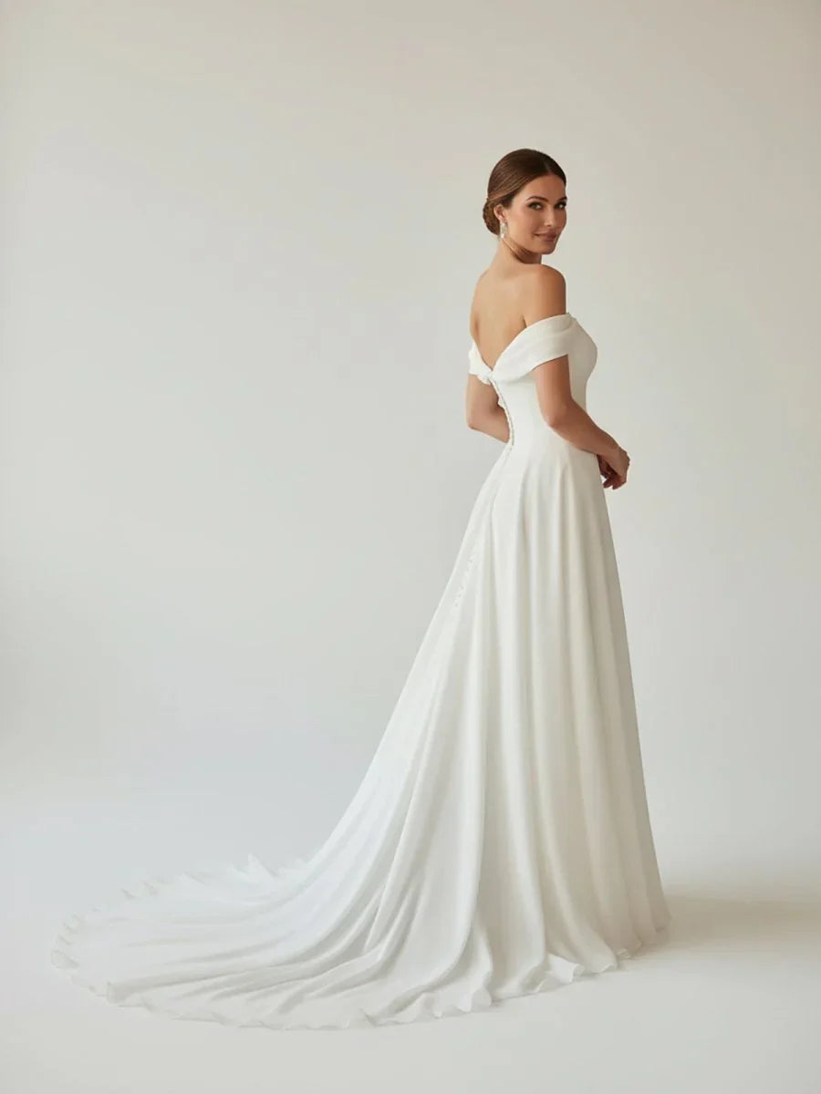 A Line Chiffon Sleeveless Off the Shoulder Wedding Dress with Ruching Floor Length