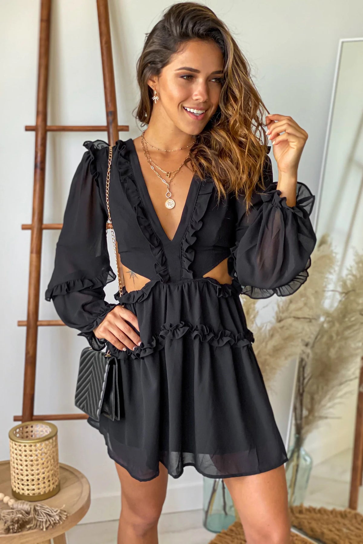Black Cut Out Short Dress with Strappy Back