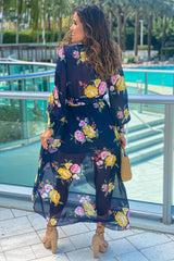 Navy Floral High Low Dress With Long Sleeves