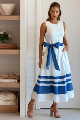 Off White Color Block Flared Midi Dress