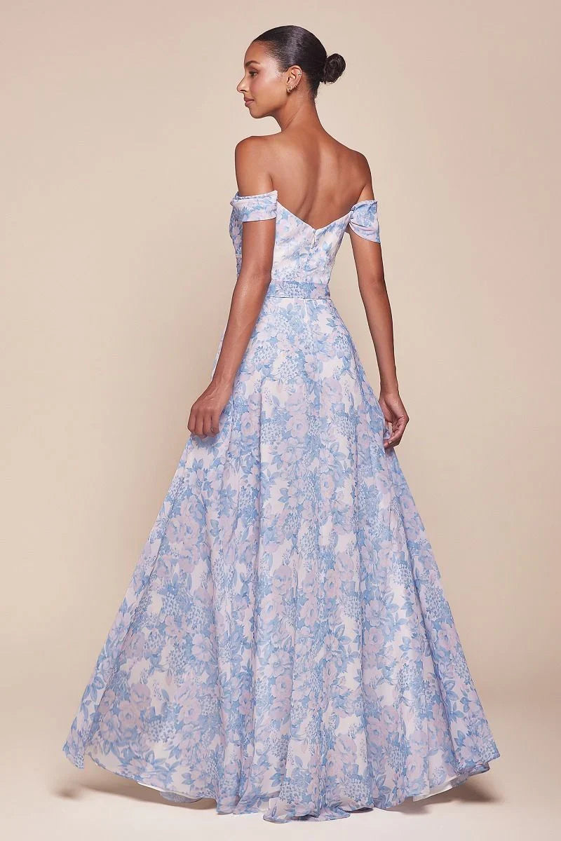 TILDA GOWN BLUE OFF THE SHOULDER FLORAL PRINTED A LINE DRESS