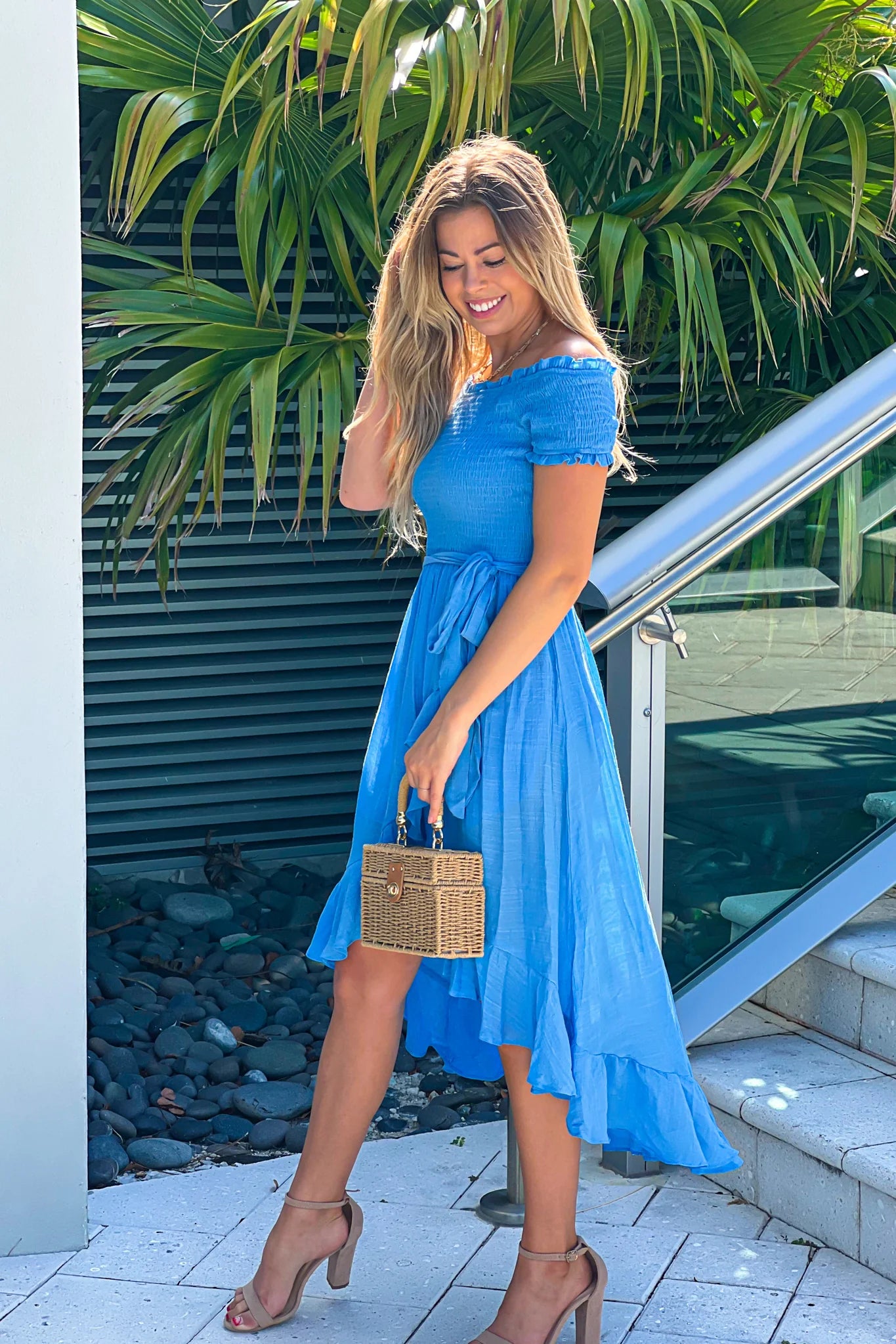 Blue Off Shoulder High Low Dress