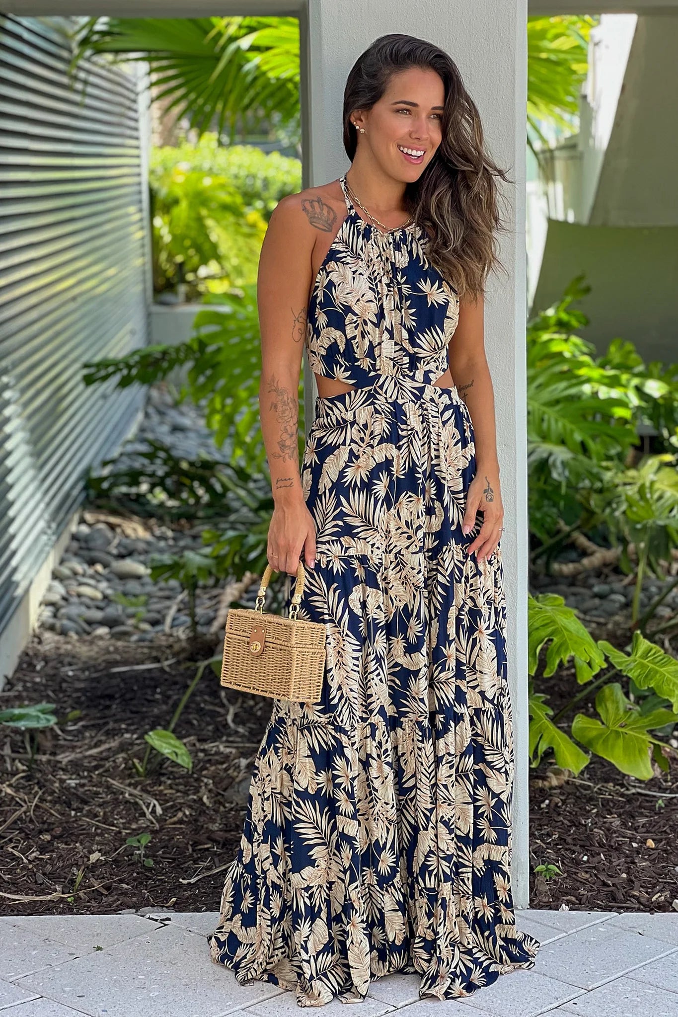 Navy Printed Maxi Dress With Tie Back