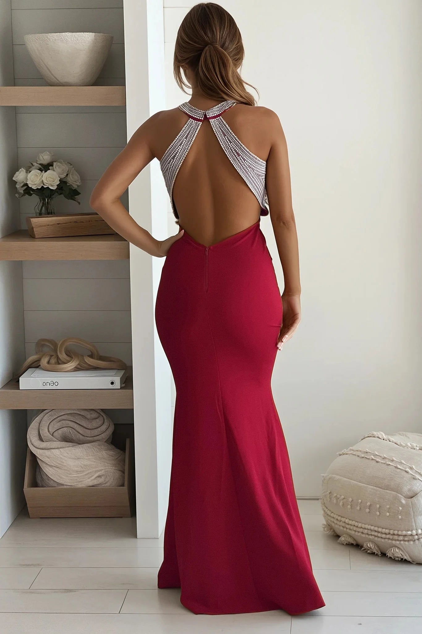Red Maxi Dress With Pearl Open Back