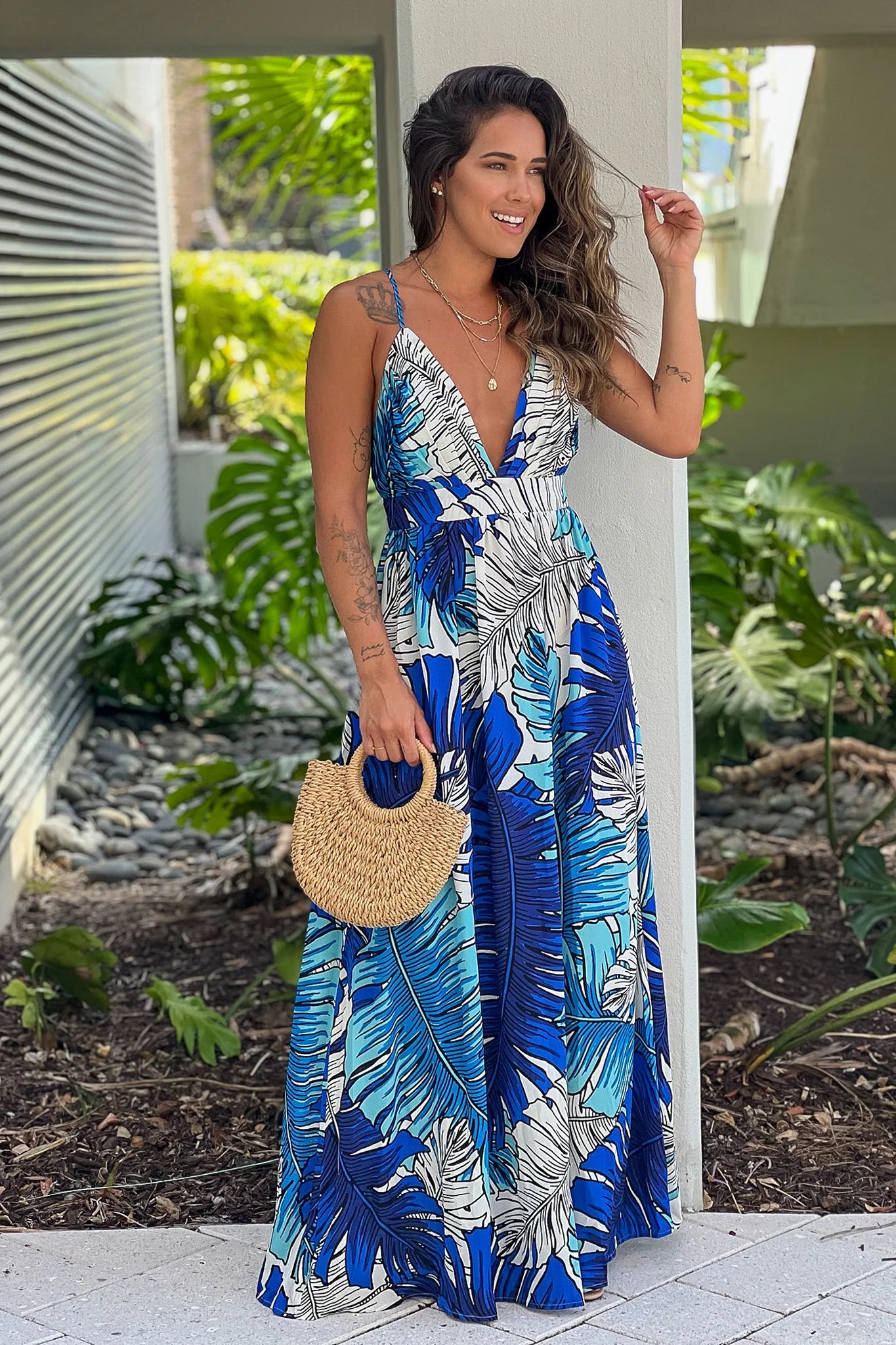 Royal Blue Printed V Neck Maxi Dress