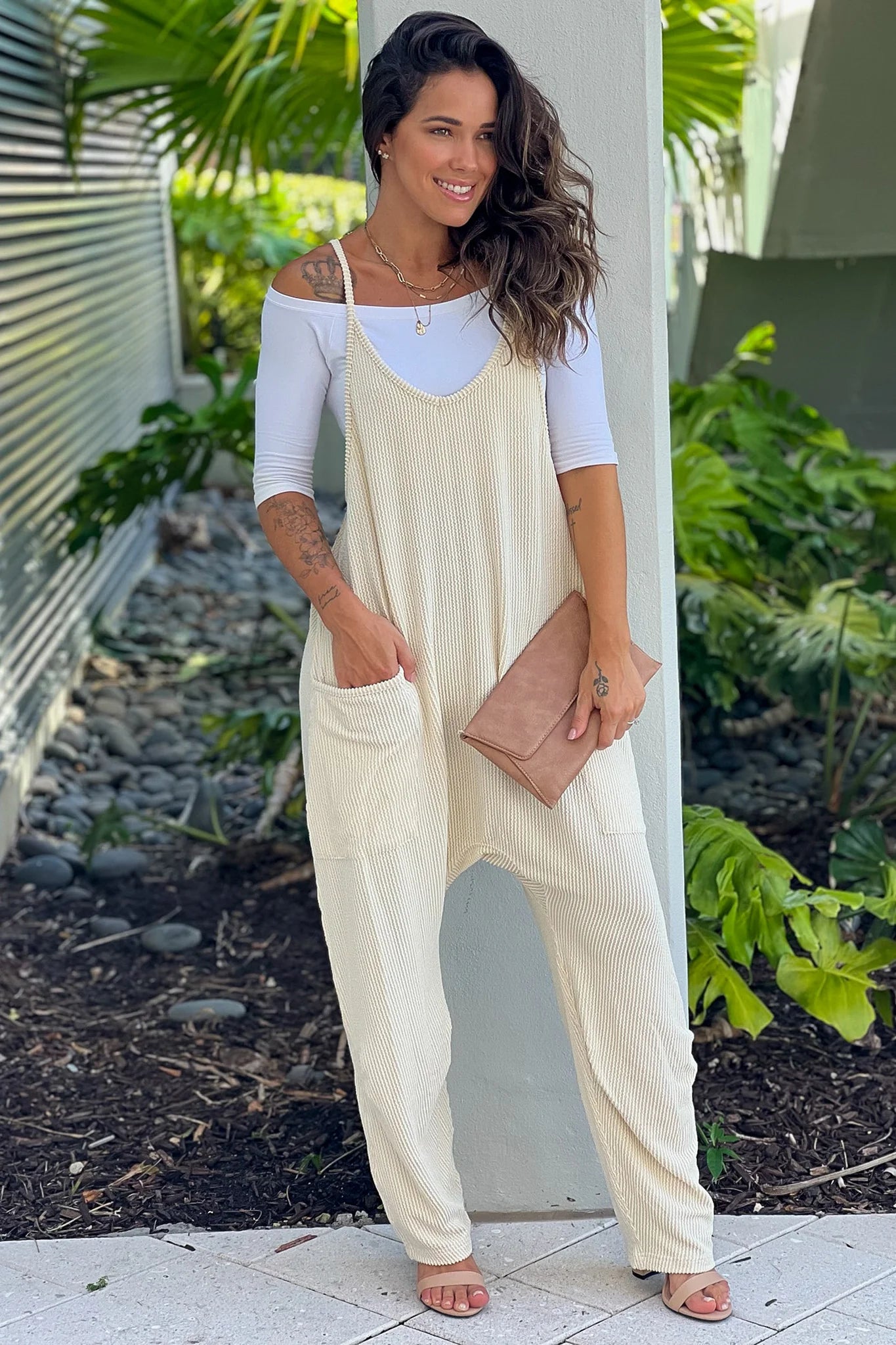Ecru Ribbed Jumpsuit With Pockets