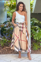Taupe Printed One Shoulder Midi Dress With Pockets