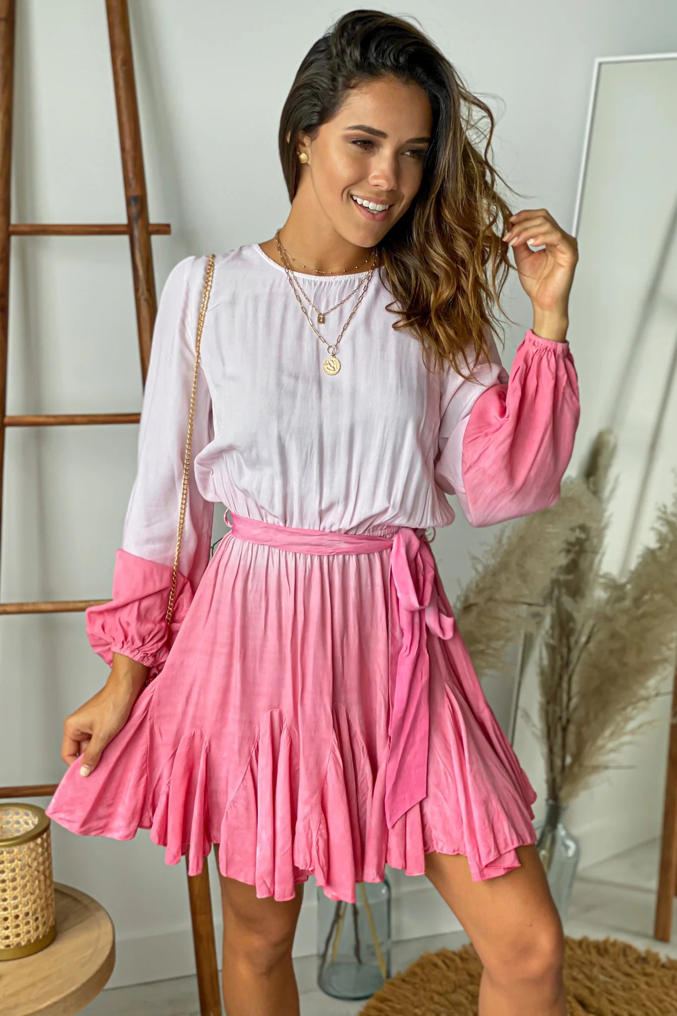 Pink Ombre Short Dress With Sleeves