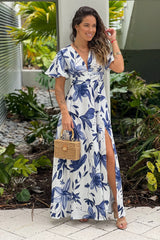 Off White And Blue Floral Maxi Dress With Slit