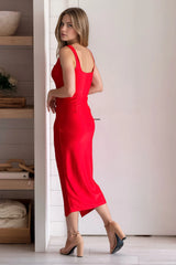 Red Pleated Wrap Midi Dress