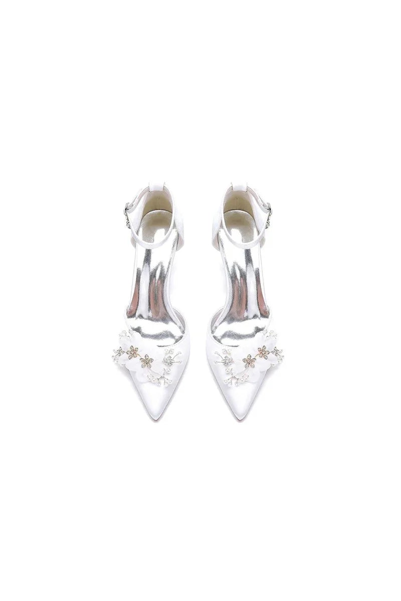 Womens Wedding Shoes Pointed Toe Ankle Strap Stiletto Heels with Rhinestone Flower