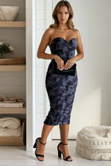 Black Printed Mesh Ruched Midi Dress